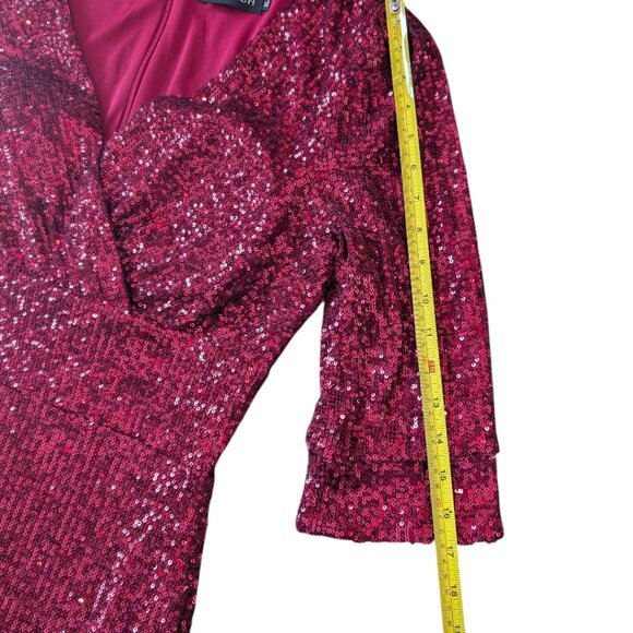 Chicwish | Elbow Sleeve Ruffle Sequined Gown | Burgundy | XL - Picture 13 of 15
